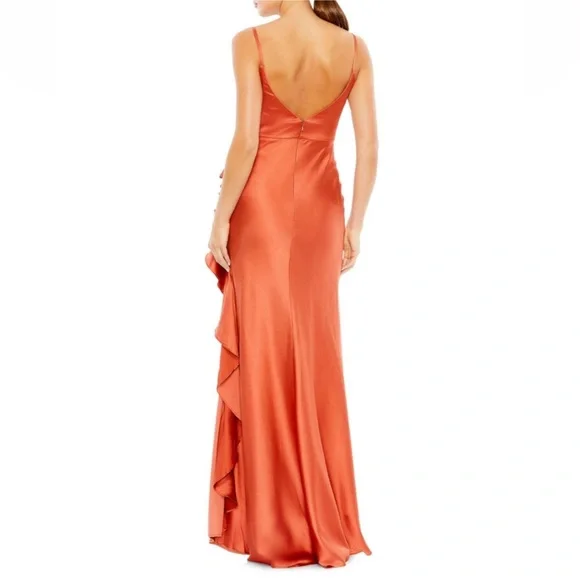 MAC DUGGAL V-Neck Spaghetti Strap Ruffled Satin Gown In Spice Color - Reemoly